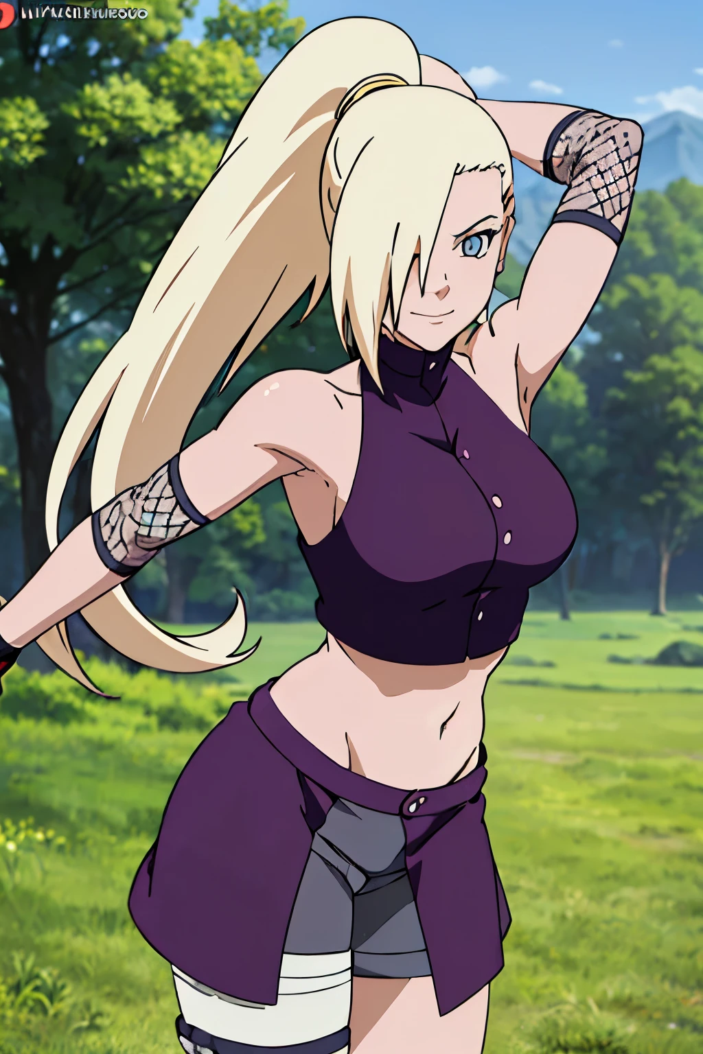 (Purple clothes), Ino yamanaka, (ultra details:1.4), ultra detailed hair, looking at the viewer, (biceps:1.0), bare shoulders, (ultra detailed arms:1.5), attractive, groin, cowboy shot, ultra detailed face, (ultra detailed body:1.3), sunny day, day time, shiny skin, upper body view, anime style, solo, detailed flower field, blonde, (focus on body), ((one eye covered with hair, hair over eye, ponytail)), (medium breasts:1.0), belly button, looking at the viewer, thick arms, (off-shoulders, wide shoulders, curving body), hidden eye, smile, closed mouth, one hair clip only, very happy, tall, sharp look, sharp face, sharp eye, cold colors,