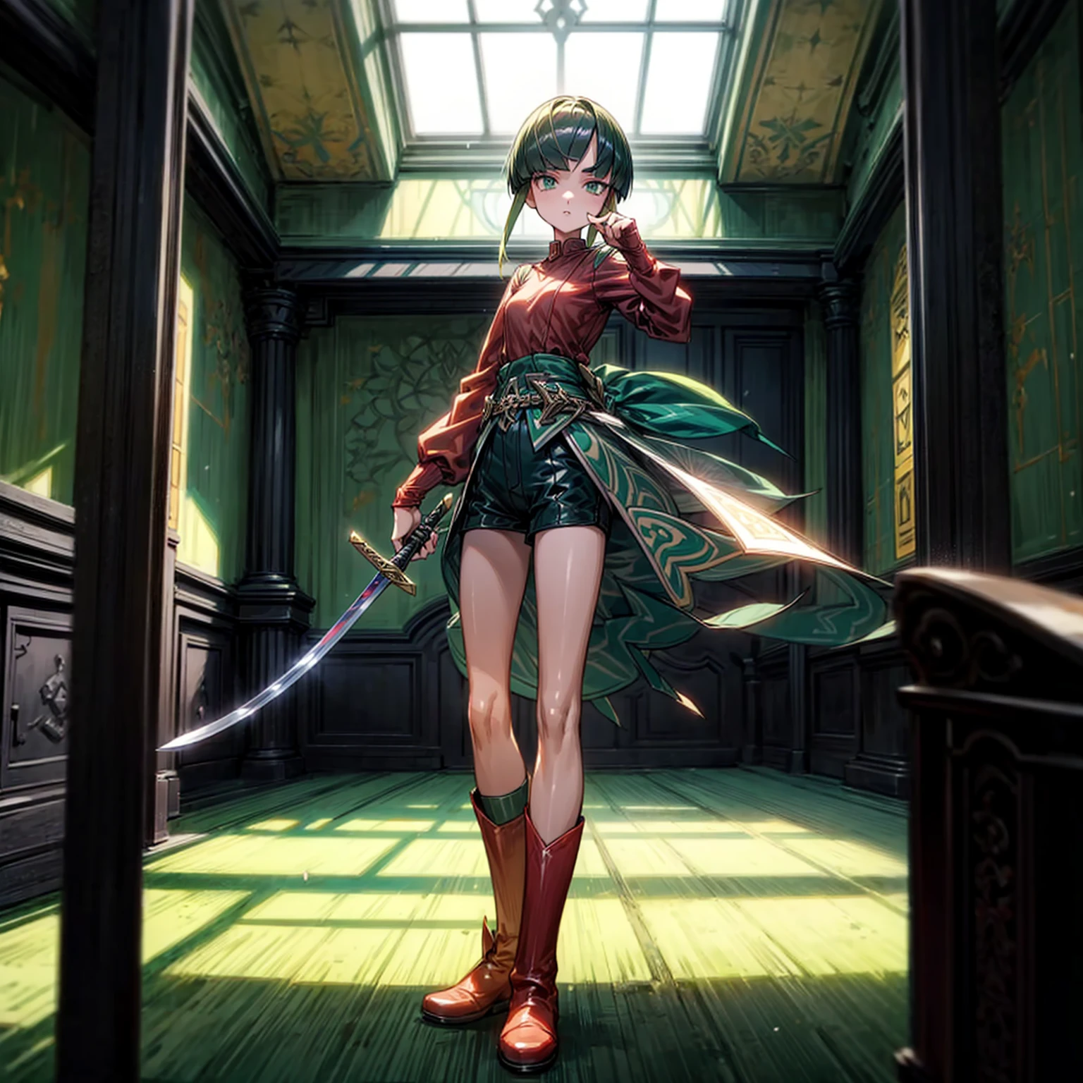 1girl, Full body version, 1character, green eyes, short haircut, green color hair, soldier style clothing, red colour clothing, boots, Grassroots, background indoor building city, motion blur, (detective conan style art), standing gesture, sword in hand