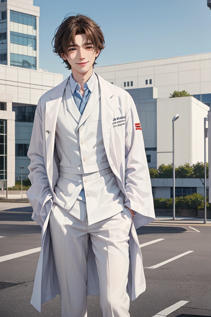 Doctor, 1 man, solo, sitting (Looking at the audience), (white lab coat:1.5),  ,Stylish clothes who is an adult /(brown hair/)  smile kindly (The best quality masterpiece:1.2) , Delicate illustrations, Special details, ( In front of the hospital