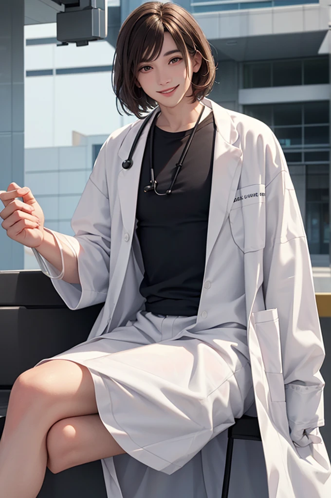 Doctor, 1 man, solo, sitting (Looking at the audience), (white lab coat:1.5),  ,Stylish clothes who is an adult /(brown hair/)  smile kindly (The best quality masterpiece:1.2) , Delicate illustrations, Special details, ( In front of the hospital