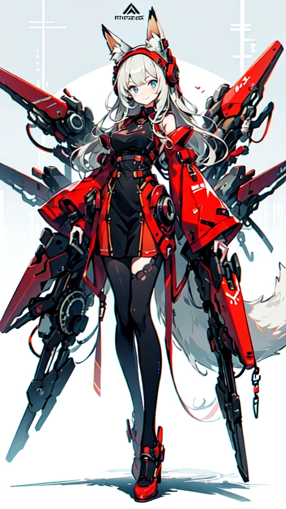 Fox ears, Mecha, machine, Fluffy tail, Blue Theme,, ultra detailed, masterpiece, best quality, Aesthetic, detailed,, Solitary, Gentle smile, A faint smile,
1 Girl, blue eyes, Very long hair, Blonde Hair, long Blonde Hair, French Braid, Bangs, Medium breasts,, Headband, frilly suffocation, Cross slings, dress without sleeve, High waist skirt, Backless dress, Waist bow, Separate sleeves, Ruffled sleeves, Wide sleeves, Pantyhose, Patterned Leg Clothing, Mary Jane Shoes,