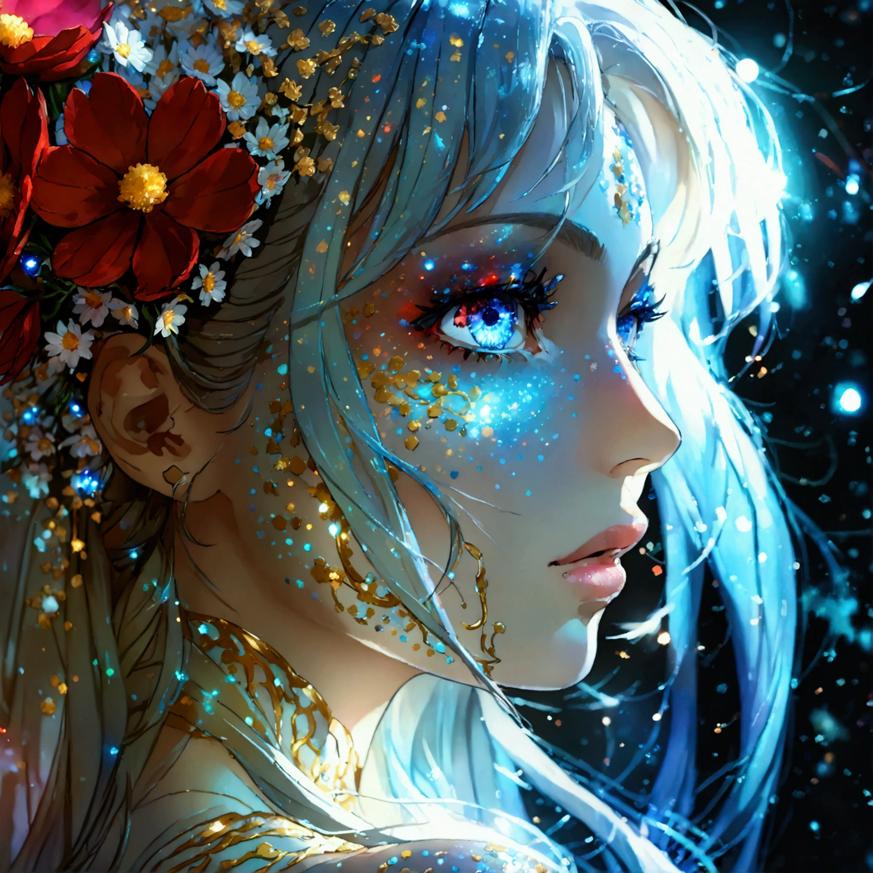 PORTRAIT, only face portrait, macro, a battle angel portrait, beautiful white skin with sparkles and glitter, long long hair with red flowers on hair, shiny and lightening eyes, cosmos eyes, next to a snake, highly detailed skin (vectorized) blue lightening eyes, detailed skin, image is compelling with dynamic composition and energetic posing. Include many fantasy details such as bumps, phantasmal iridescence, glitter, galaxy, cosmos, ((dark celestialskin body, void cosmic body)), (((dark background))), (((lights off))), (((hollywood dark))), horror, dramatic shadows, (in a dark fantasy space:1.3, glitter, sparkle, gleam) vector digital illustration, (black background:1.5)sharp