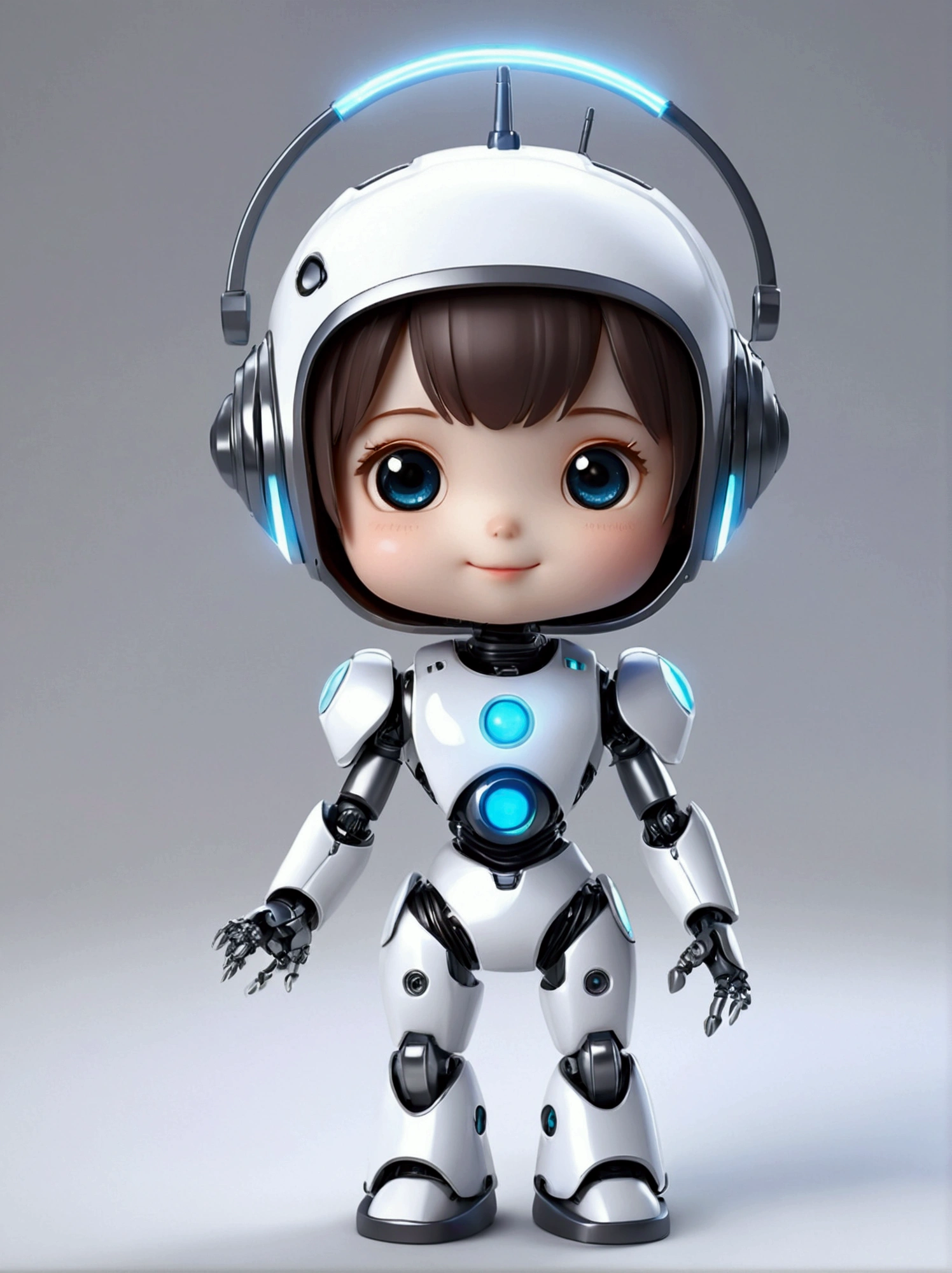 A girl robot with a dice motif, 3D Rendering, Jongsuk Lee, Digital Art, Adorable glowing creatures, Nendoroid-like style, Futuristic Gear Shiny White Armor、A cute robot、antenna、Electronic display panel on chest、Holding the microphone close to his mouth while speaking、Smiling Kindly、whole body、Background is white、Are standing