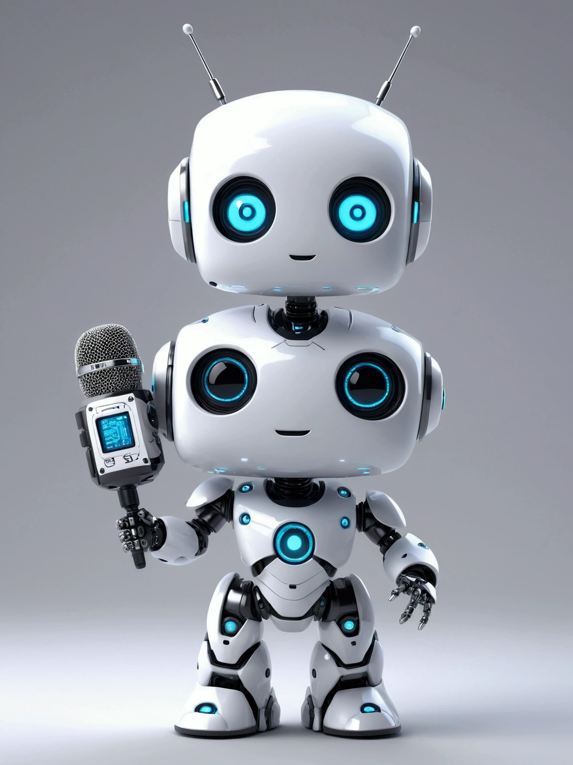 A girl robot with a dice motif, 3D Rendering, Jongsuk Lee, Digital Art, Adorable glowing creatures, Nendoroid-like style, Futuristic Gear Shiny White Armor、A cute robot、antenna、Electronic display panel on chest、Holding the microphone close to his mouth while speaking、Smiling Kindly、whole body、Background is white、Are standing