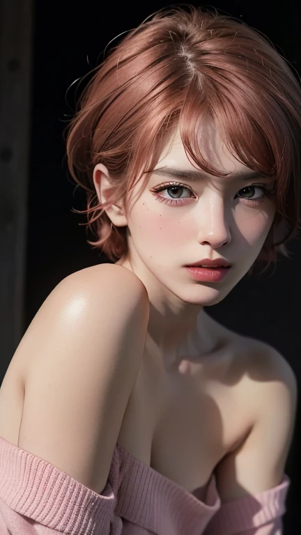 Highest quality, masterpiece, Ultra-high resolution, (Realistic:1.5), RAW Photos, One girl, Off the shoulder, In the Dark, Deep Shadow, Modest, Cold Light, Sexy look, Pink short hair