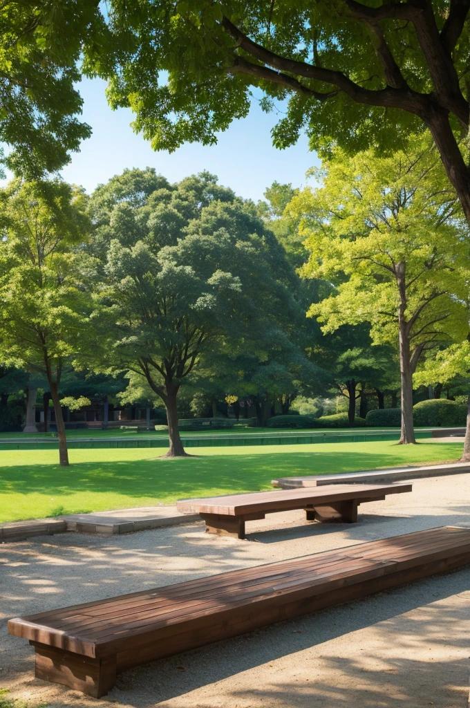 Wooden benches in the park。From the front
