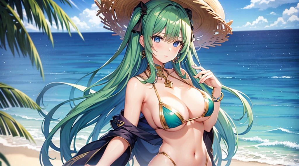 Highest quality, masterpiece, figure, wallpaper,One girl, Beautiful detailed girl, Highly detailed eyes and face, Beautiful attention to detail, Shine,Browsing Caution, View your viewers, Blue Eyes, Side Up,Beautiful green hair, Thighs, Large Breasts, ,beautiful finger, clear background, deep night、Big earrings、bracelet、Gal、summer、Ocean、sunlight、Are standing, Swimwear, nude