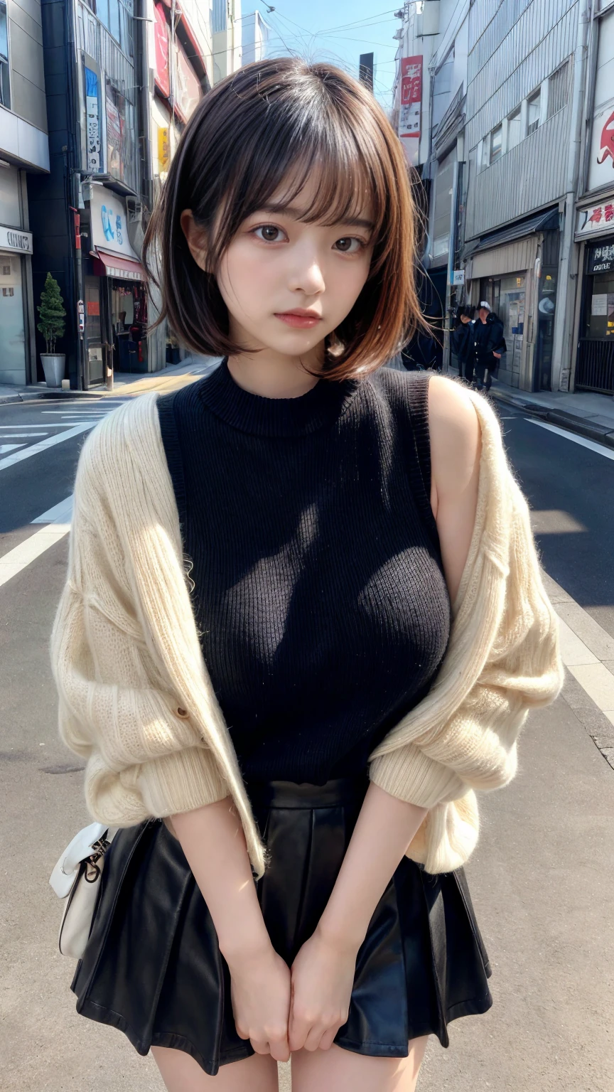 masterpiece, best quality, illustration, Super detailed, fine details, High resolution, 8K,wall paper, perfect dynamic composition,(Details High quality, realistic depiction of eyes:1.3), short hair, Gorgeous and stylish black fluffy latest trend Tokyo winter clothes, wool sweater, A-line skirt, short bob hair, black hair color, Big Natural Color Lip, sexy pose, crying a little、cold gaze, Harajuku style、20 year old girl、cute type、lolita, hposing Gravure Idol, full body photo、focus on crotch, large breasts, expresses the roundness and softness of your chest, Don't expose it