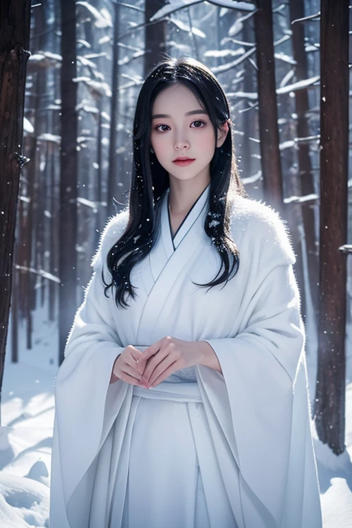 A beautiful Yuki-onna standing in a snowy forest, with long black hair and a white kimono, her breath forming icy crystals in the air. Her skin is pale and ghostly, blending seamlessly with the snow around her. The scene is serene yet eerie, with a full moon casting a soft glow on the landscape. Snowflakes gently fall around her, creating a magical and ethereal atmosphere.