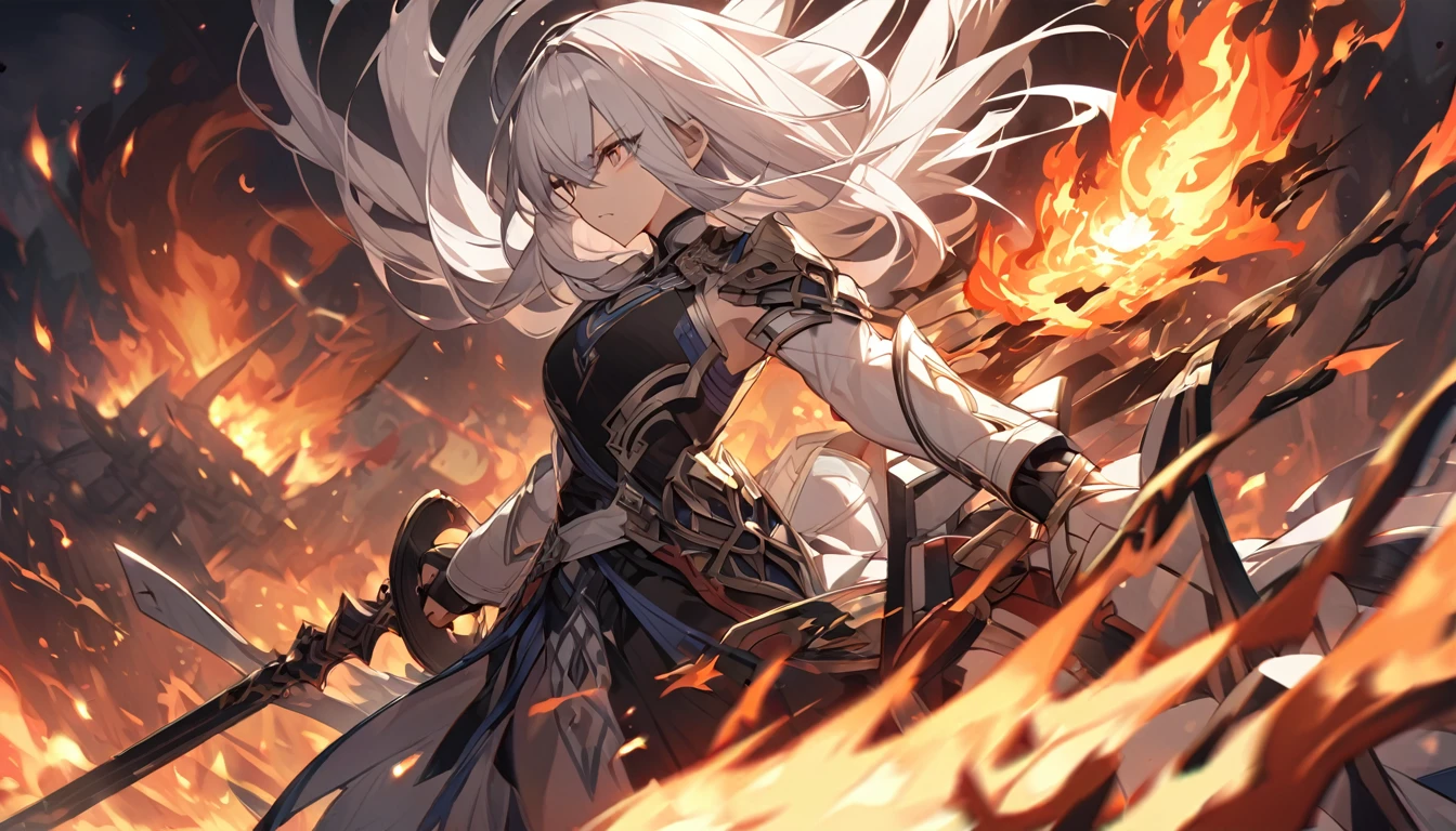 mysterious。White Hair Girl。Detailed Background。White Hair Girlが炎の中で戦っているシーン。Her gaze is sharp、Characterized by a powerful expression。A burning flame spreads in the background、Creates tension during battle。