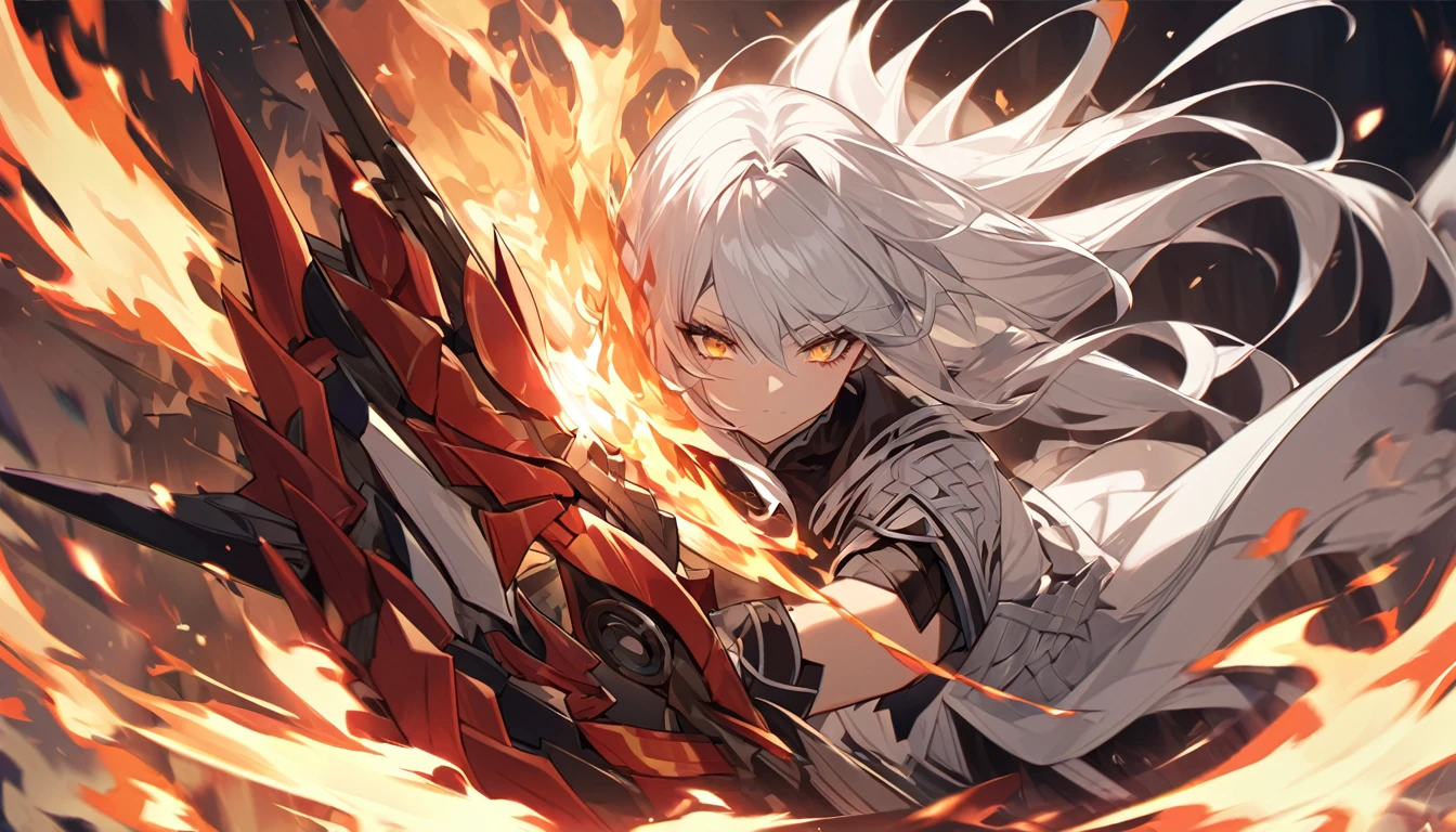 mysterious。White Hair Girl。Detailed Background。White Hair Girlが炎の中で戦っているシーン。Her gaze is sharp、Characterized by a powerful expression。A burning flame spreads in the background、Creates tension during battle。