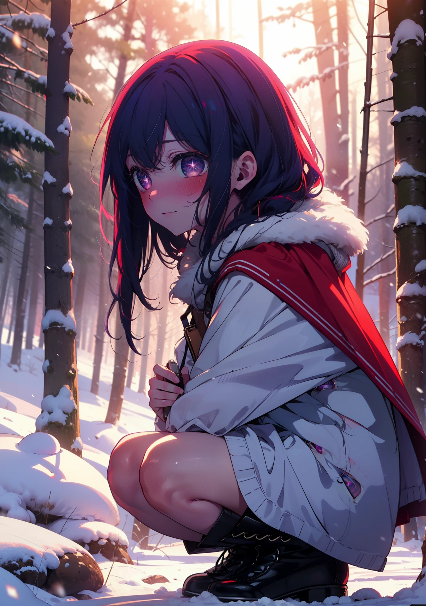 aihoshino, Ai Hoshino, Long Hair, bangs, (Purple eyes:1.1), Purple Hair, (Symbol-shaped pupil:1.5), smile,,smile,blush,white breath,
Open your mouth,snow,Ground bonfire, Outdoor, boots, snowing, From the side, wood, suitcase, Cape, Blurred, , forest, White handbag, nature,  Squat, Mouth closed, Cape, winter, Written boundary depth, Black shoes, red Cape break looking at viewer, Upper Body, whole body, break Outdoor, forest, nature, break (masterpiece:1.2), Highest quality, High resolution, unity 8k wallpaper, (shape:0.8), (Beautiful and beautiful eyes:1.6), Highly detailed face, Perfect lighting, Highly detailed CG, (Perfect hands, Perfect ???????),