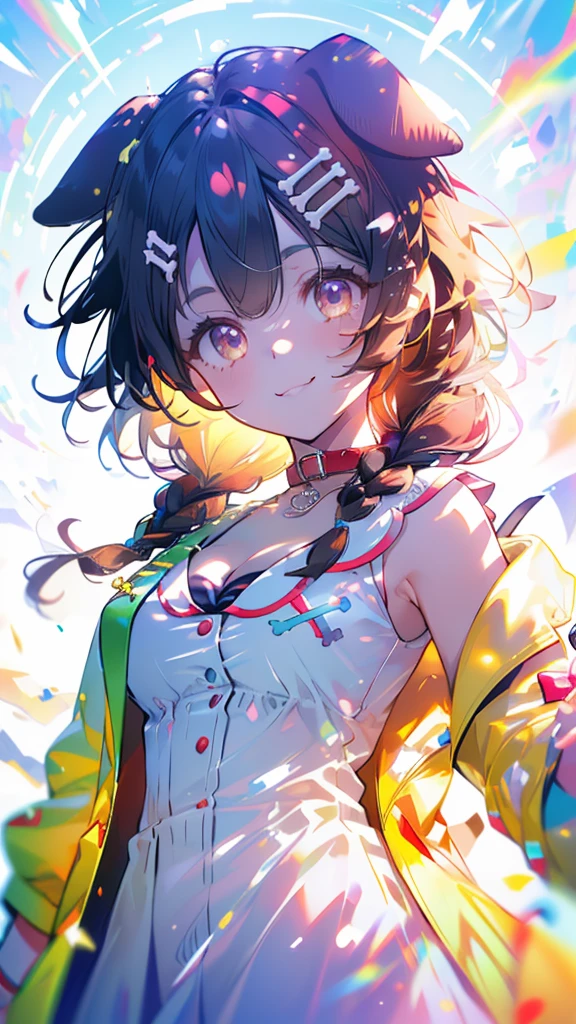 (Ultra-high resolution,masterpiece, Attention to detail, Highest quality), 8k,(ik1, 1girl, white dress, yellow jacket, dog tail, animal collar, cleavage, medium breasts, Wristband, cartoon bone, hairclip),(Blessed,Captivating body、Ultra-detailed skin、Super beautiful eyes、Detailed Background),One girl、 (cheerful ,enjoy :1.5),