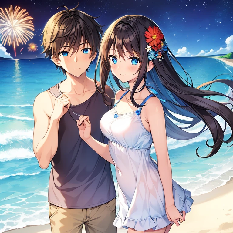 Masterpiece, Best quality, Highest quality, 4K, Anime couple, One girl, One boy, wears blue swimsuit, detailed eyes, deteailed face, Blue-headed flower, Blue Eyes, Girl has long Brown hair, Boy has short Black hair, fireworks, Beach, Smile, Night Sky, Walk by the sea, blush faces, holding hands