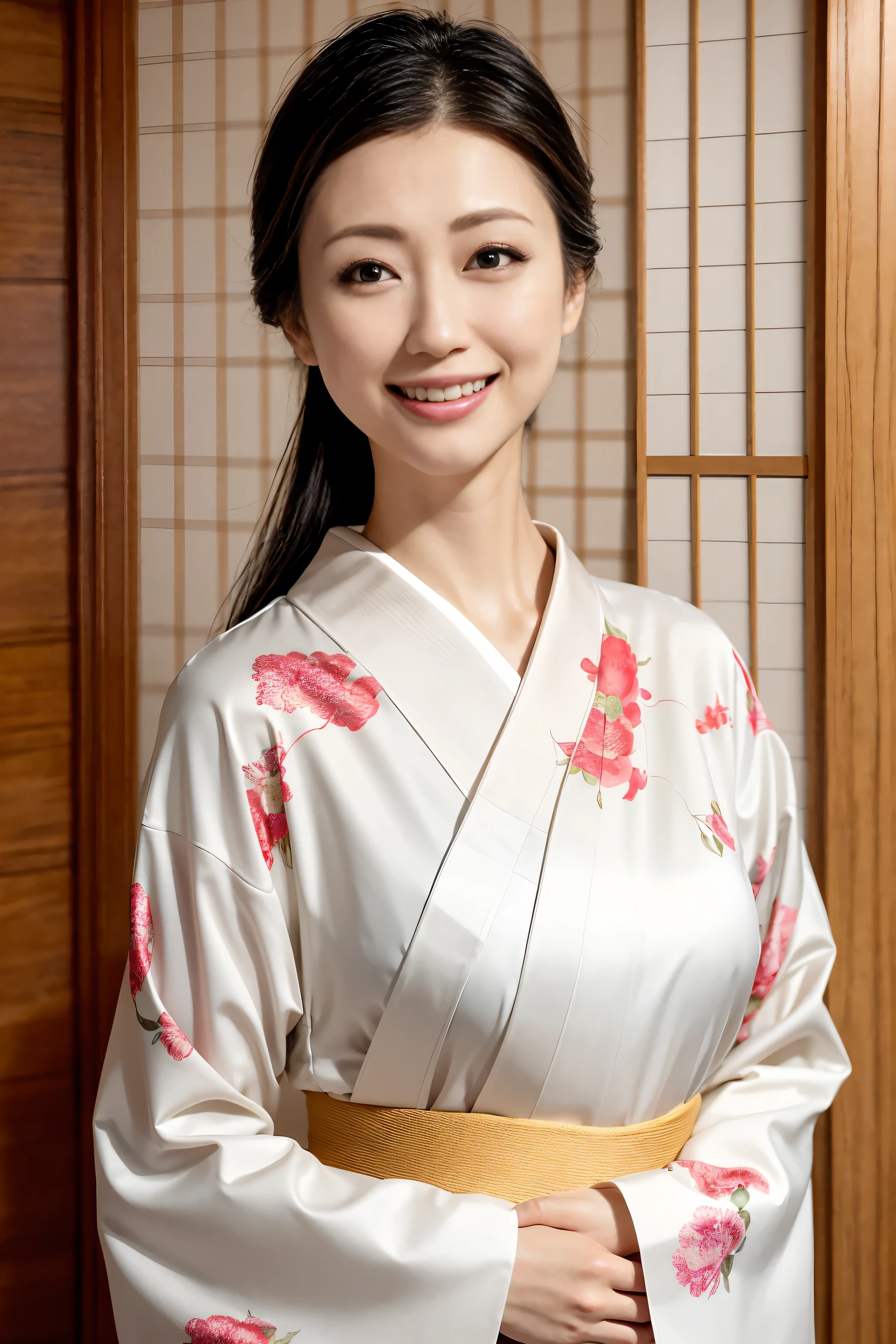 (Highest quality、Tabletop、8k、Best image quality、Award-winning works)、(One beautiful mature woman:1.1)、Mature Face、(The Lady of Shimada Style:1.1)、(Elegant floral kimono:1.2)、(A kimono with a perfect and precise collar:1.2)、Perfect mature woman portrait photo、Glowing Skin、Standing Elegantly、(Blurred elegant and exquisite perfect Japanese style room background:1.3)、(The most natural and perfect tidy Japanese style room background:1.2)、Glowing White Skin、Very white skin、(Accentuate your body lines:1.1)、(The most graceful posture:1.2)、(Large Breasts:1.2)、A perfect smile、Perfect beautiful glossy lips、(Accurate anatomy:1.1)、(A perfect and elegant kimono:1.1)、(Standing with good posture:1.1)、Face close-up