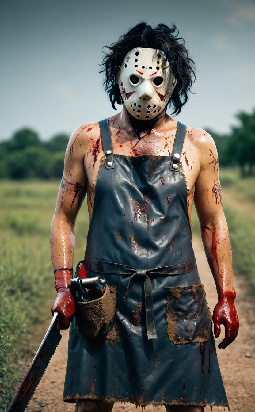 Full Body Shot、Texas Background、Aggressive pose、8k、Dark fantasy、murderer、Shaggy hair、A mask made from the skin of a human face、The Texas Chainsaw Massacre、Leatherface、Human skin on face、Strong body、Fat body、apron、blood droplets、Chainsaw、Give the viewer a malicious look, Grabbing Viewer, For the viewer,Shallow depth of field, Vignette, Very detailed, High budget, Bokeh, CinemaScope, Sulky, amazing, nice, Film Grain, granular . Creepy, Anxious, dark, Creepyな, Suspenseful, strict, Very detailed