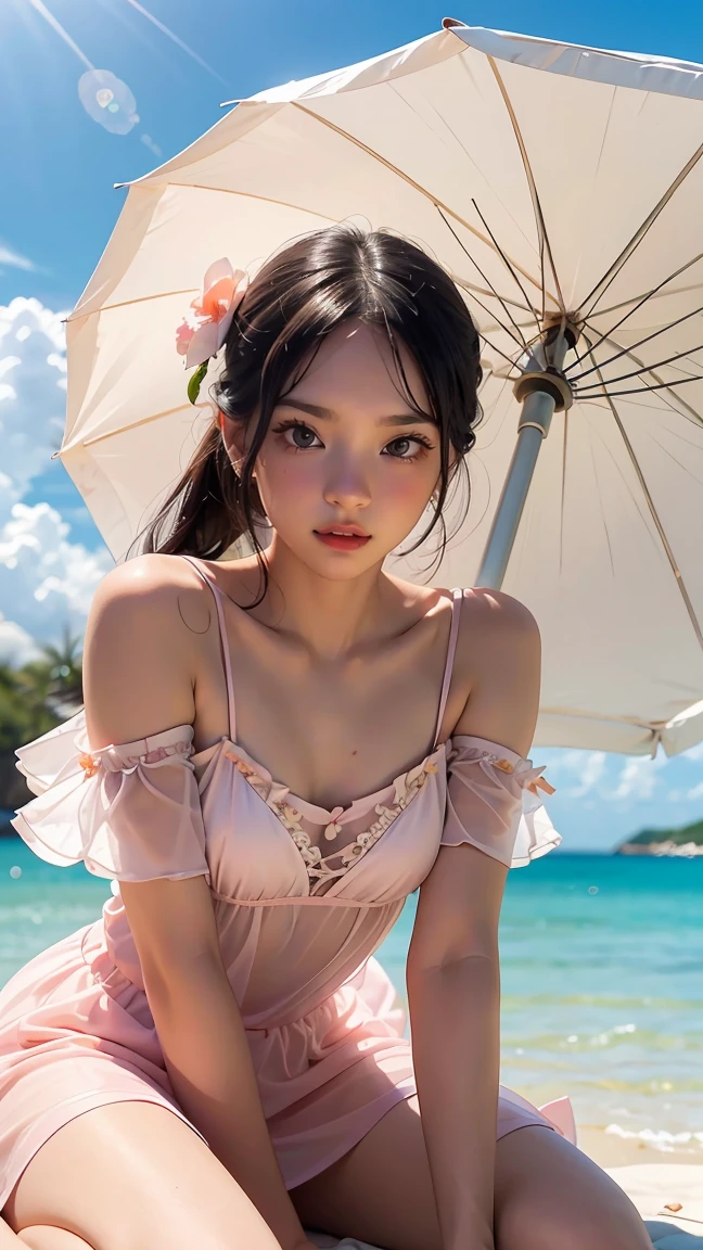 Beautiful and charming woman in fashion trend, full body: 1.6, holding flowers, random hairstyle, sitting under a parasol, by the sea, tight slip dress random color, wind blowing hair, blue sky and white clouds, delicate sexy collarbone, covering chest, charming goose egg face, double eyelids, smart peach blossom eyes, pink lips, small upturned nose, bare shoulders, focused face, face close-up, ultra-high definition, super detail, ultra-thin translucency, fresh and good, see-through, pink