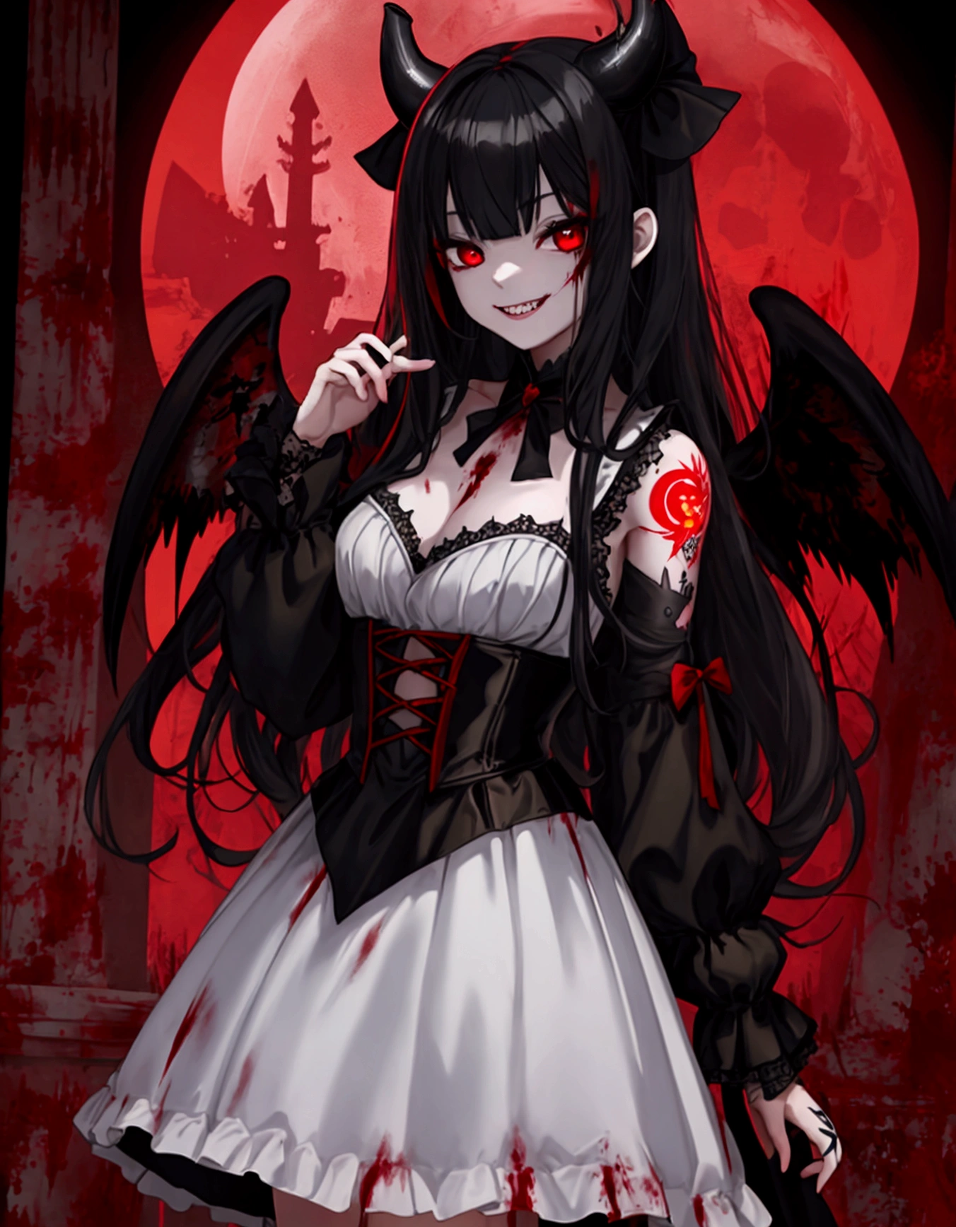 score_9, score_8_superior, score_7_superior, score_6_superior,Insanity,score_9,Insanity,score_9,One girl,alone,Long Hair,View your viewers,smile,Red eyes,Gray Hair,teeth,Grin,Blood,Shine,Shine eyes,skull,
(Highest quality,4K,High resolution,masterpiece:1.2),Very detailed,(masterpiece: 1.2, Highest quality),Long black hair, (Best lighting, とても繊細でbeautiful), (Best lighting, とても繊細でbeautiful), (Beautifully detailed face), (Eyes and face with attention to detail: 1.2), , Dynamic Lighting, edgClussy_Female exe, Exe, teeth, Horror (theme), Red eyes, smile, sharp teeth, Shine, dark, Blood, tongue, Grin, Shine eyes, evil smile,Dark fantasy, (Young girl, Little Beast, One Girl, alone, クレイジーなsmile, Pale skin, ((Big tattoos all over the body)), Gray Hair, Red glowing eyes, Dynamic Angle, 吸Blood鬼), ( Get a 吸Blood鬼 castle in the background), (Red Moon, Red Sky), pointed_ear, teeth, devil'wing, devil horns, 顔にBloodがついていた., Bloodの雨, Bloodの霧, (Written boundary depth), High Contrast, (Bloodしぶき: 1.4), Cowboy Shot, whole body,,Spooky altar background,Dark fantasy,Red color scheme,Ominous atmosphere,Eye-catching,Storytelling,anatomy,Anime Style,Concept Art,beautiful細部までこだわった顔と (((Red eyes ))),A terrifying ritual ,devilの儀式,Premature death,Misconduct,クレイジーなsmile,Scythe Face,Girl Monster, beautiful, Delicate facial features, Sharp Eye, Sharp Fangs, Pale skin, Thick chain, dark背景, Cinema Lighting, Dramatic Shadows, Gothic style, Gloomy atmosphere, Dark fantasy, One Girl, , Please open your mouth wide, 口を開けてteethをむき出しにする,獣のような鋭いteeth, Wide lips, very wide mouth, Vermilion cheeks, ,(Bloodしぶき:1.4),怖いsmile, smile,Fallen angel design, ねじれたsmile、Bloodまみれの、頭からの出Blood,,、Bloodしぶき、,(Bloodしぶき:1.4),Crossbones, skull,Horrorスタイル, ((Fantasy Fallen Angel Costume)), ((Flowing black hair)), ,(Bloodしぶき:1.4),Female curves, Sexy flat stomach, Perfect hands, Perfect anime face, ((White ta Dress)), Are standing, ((邪悪なsmile)), ,(Bloodしぶき:1.4), Steam circulates, Moonlight Illumination, night lighting, disaster々新しいdevilの角,,(Bloodしぶき:1.6),アニメFallen angel design, ねじれたsmile、Bloodまみれの、頭からの出Blood,,、Bloodしぶき、,(Bloodしぶき:1.4),Crossbones, skull,Gothic architecture、Western architecture、Fantasy World、,Victorian cities, Skeleton Gas Light,