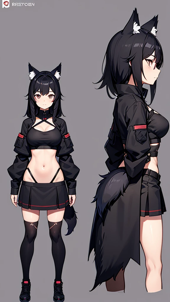 (CHARACTERSHEET:1) (MULTIPLE VIEWS FULL BODY UPPER BODY REFERENCE SHEET:1) Cute Girl, Anime Girl, Black Hair, Wolf ears, Wolf Tail, Tactical outfit (CharacterSheet:1), (multiple views full body upper body reference sheet:1)