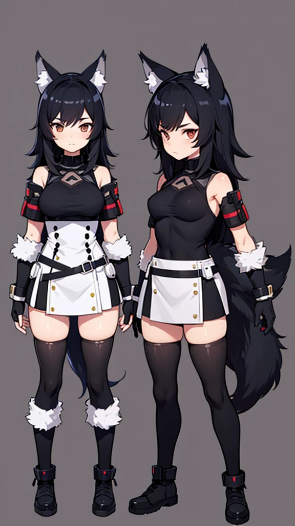 (CHARACTERSHEET:1) (MULTIPLE VIEWS FULL BODY UPPER BODY REFERENCE SHEET:1) Cute Girl, Anime Girl, Black Hair, Wolf ears, Wolf Tail, Tactical outfit (CharacterSheet:1), (multiple views full body upper body reference sheet:1)