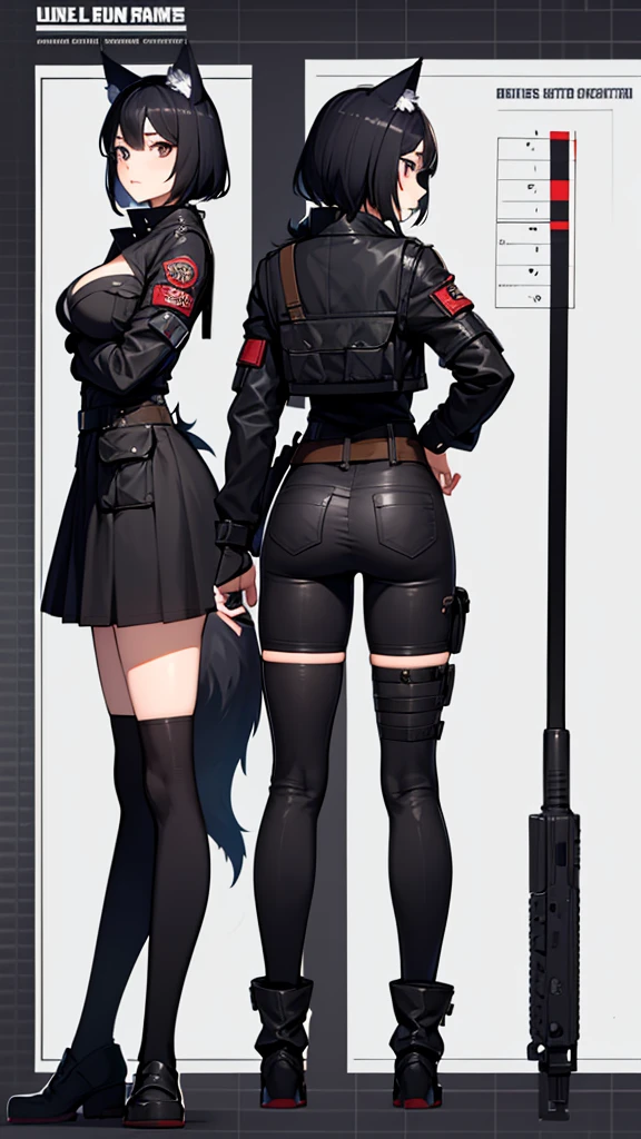 (CHARACTERSHEET:1) (MULTIPLE VIEWS FULL BODY UPPER BODY REFERENCE SHEET:1) Cute Girl, Anime Girl, Black Hair, Wolf ears, Wolf Tail, Tactical outfit (CharacterSheet:1), (multiple views full body upper body reference sheet:1)
