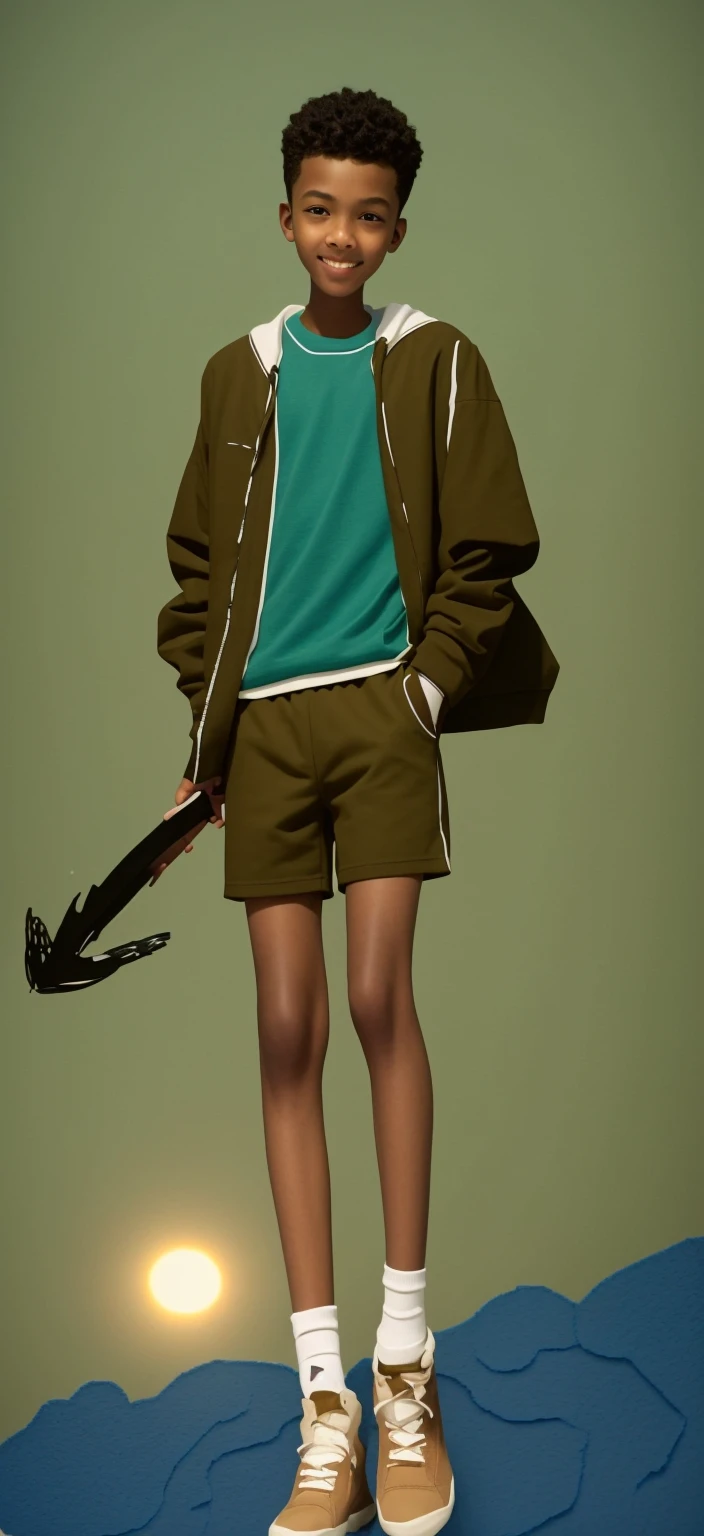 14 year old boy,Light brown skin,Blue sports shorts,Bright green top,High-top board shoes,Big round eyes,Very short hair,Tall and skinny,full-body shot,A junior high school student holding an axe,Smile,best quality
