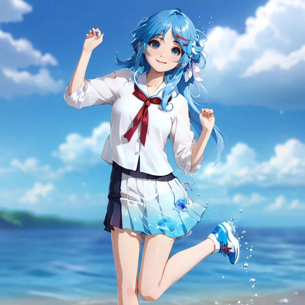 Anime girl with blue hair, white shirt and blue shoes, Jellyfish Shrine Maiden 8k, rei hiroe, Inspired by Rei Kamoi, Mikudayo, Anime girl running, Anime-style 3D, Pause(Raise the hand + Happy), 3d anime girl, Anime girl walking on water, render of a cute 3d anime girl, Anime-style characters