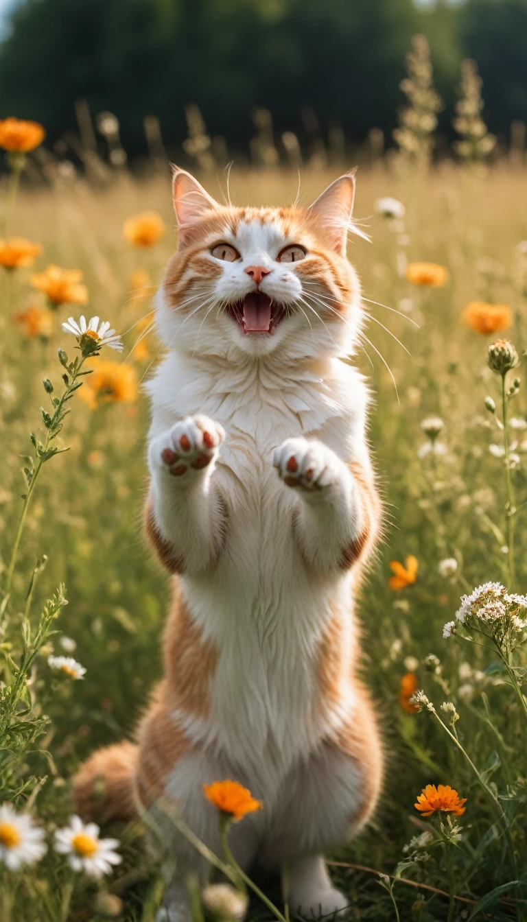 Ultra-realistic, candid photograph, 4k, HD quality, shot on Canon EOS 5D, (daytime:1.1), Ektar 100, (bokah:1.2), (soft lighting:1.3)
BREAK
A joyful cat with a (fluffy, orange fur:1.2), standing on its hind legs in a (sunlit meadow:1.1), surrounded by blooming flowers
BREAK
The cat is (smiling:1.1) with (bright, sparkling eyes:1.2), its (tail raised high in excitement:1.3), front paws playfully reaching towards the camera
BREAK
There are (butterflies fluttering around:1.2), adding a sense of whimsy and joy to the scene
BREAK
Background is a (vibrant meadow with wildflowers), a few trees in the distance, clear blue sky with a few fluffy white clouds
BREAK
Atmosphere of happiness and playfulness, warm sunlight bathing the scene