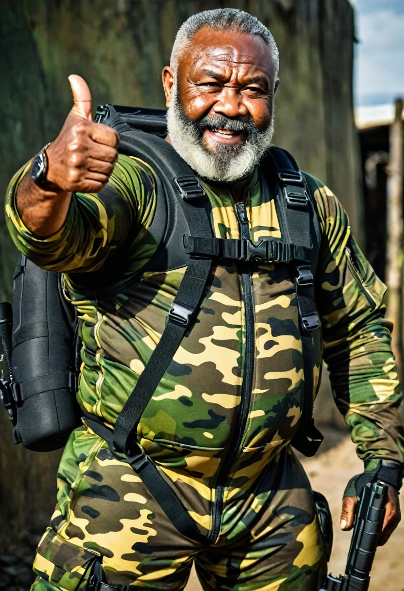 (a dark-skinned bearded fat muscular old man in a bulky army camouflage zipper diver suit) masturbating, thumbs up, carrying a gun, muscular, Bruce Onobrakpeya, sumatraism, stanley artgermm, action, heroic, fierce, awesome, best quality