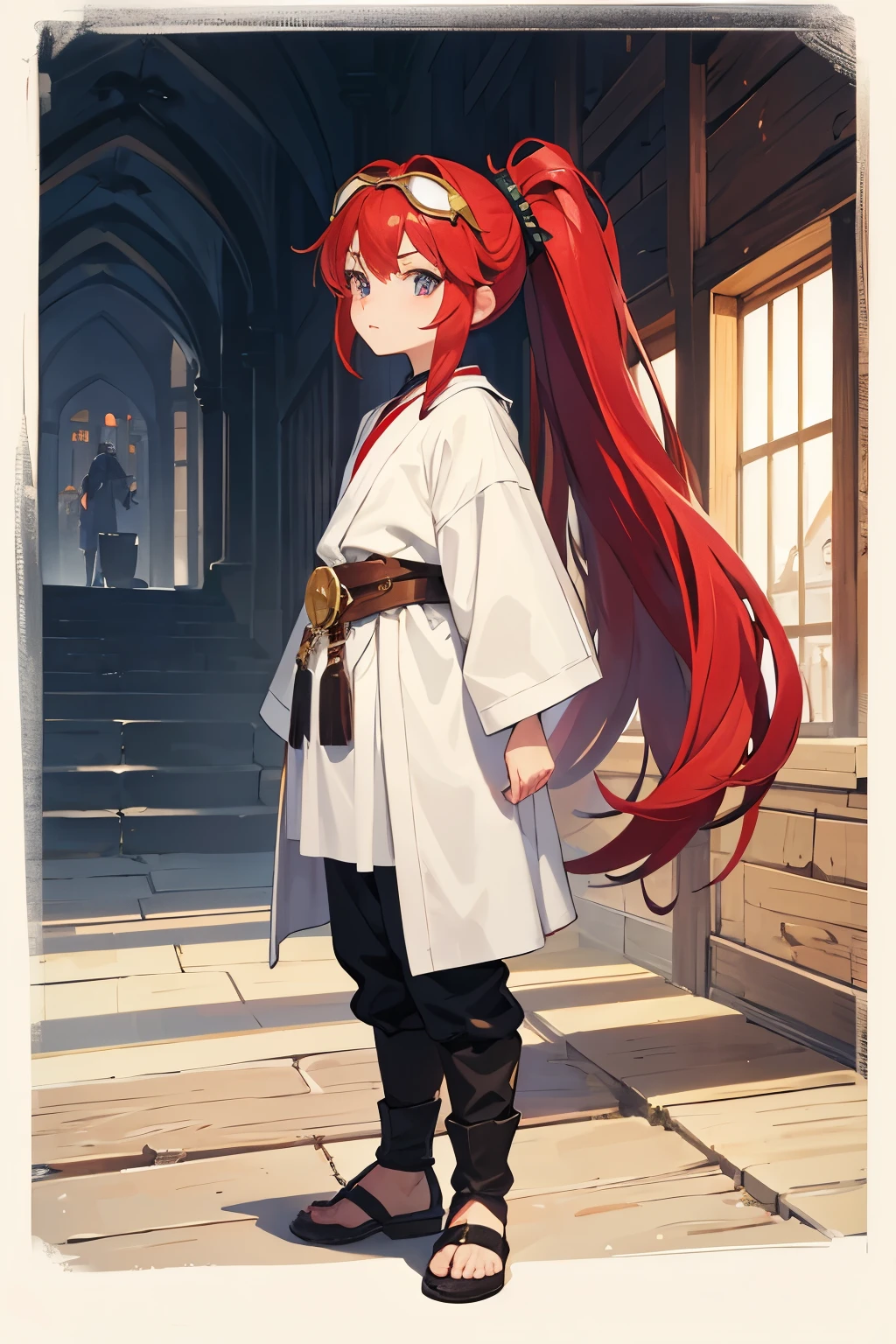Character portrait. whole body, Draw to the toes, Young age, small, Red hair, , long hair, Goggles on head, artisan, Work clothes, Large cloth area, ponytail, Background is white, Medieval Europe