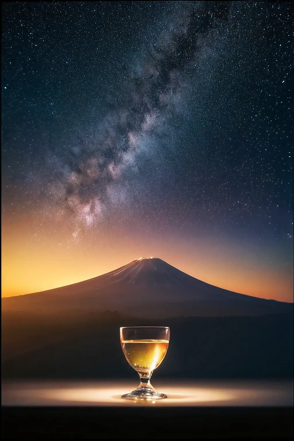 a delicate and beautiful starry sky scene captured in a glass cup, a shooting star falling from the sky into the glass cup, mount fuji in the glass cup, world masterpiece theatre, high resolution equirectangular projection, best quality, 4k, 8k, highres, masterpiece:1.2, ultra-detailed, realistic, photorealistic, photo-realistic:1.37, HDR, UHD, studio lighting, ultra-fine painting, sharp focus, physically-based rendering, extreme detail description, professional, vivid colors, bokeh, landscape, realism, oil, canvas