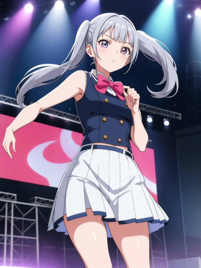  1girl, anime girl, silver hair, long twintails, silver eyes, school idol aesthetic outfit, on stage