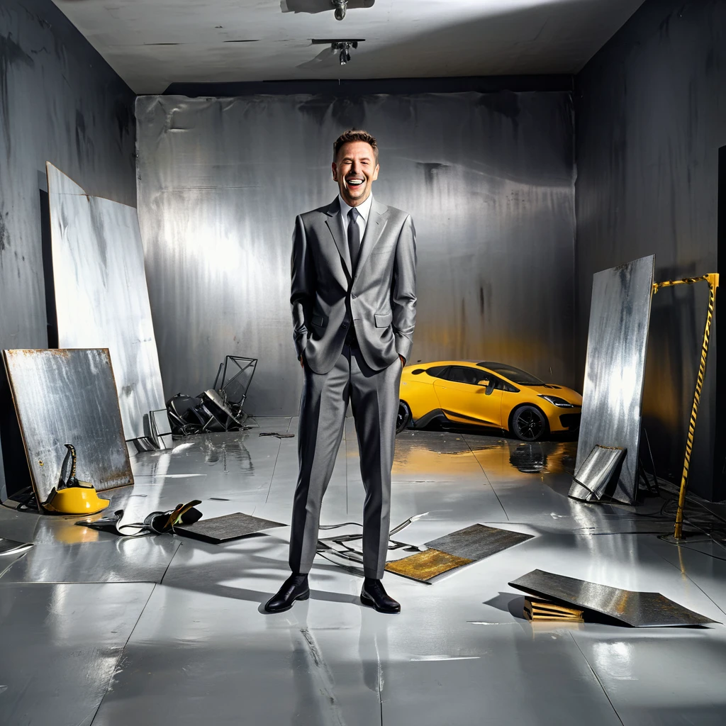 a ecstatic guy posing in a gray studio backdrop, mercury spilled on floor, metal, steel, dramatic lighting, high contrast, photorealistic, futurist, 8k, ultra-detailed, (best quality:1.2), (realistic:1.37)