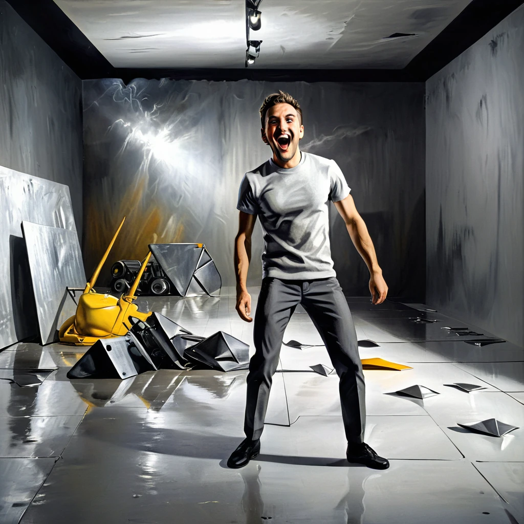 a ecstatic guy posing in a gray studio backdrop, mercury spilled on floor, metal, steel, dramatic lighting, high contrast, photorealistic, futurist, 8k, ultra-detailed, (best quality:1.2), (realistic:1.37)