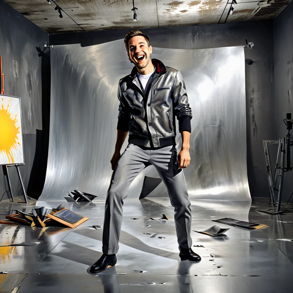 a ecstatic guy posing in a gray studio backdrop, mercury spilled on floor, metal, steel, dramatic lighting, high contrast, photorealistic, futurist, 8k, ultra-detailed, (best quality:1.2), (realistic:1.37)