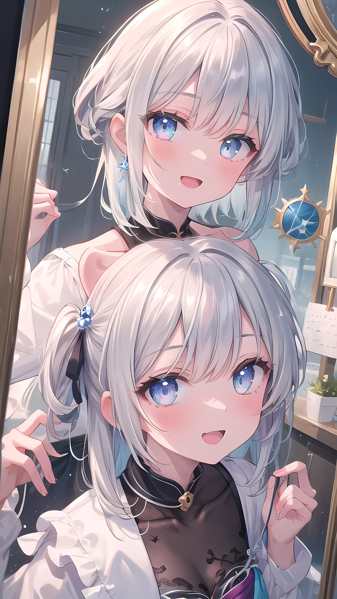 (8k, best quality, master piece: 1.2),super high resolution,1 girl, solo, colorshift eyes, hyperdetailed, expressive eyes, ultra-detailed face, Date Clothes、Random hairstyle、silver gay hair, Magic Mirror、sunshine, Collarbone, Ecstatic expression,