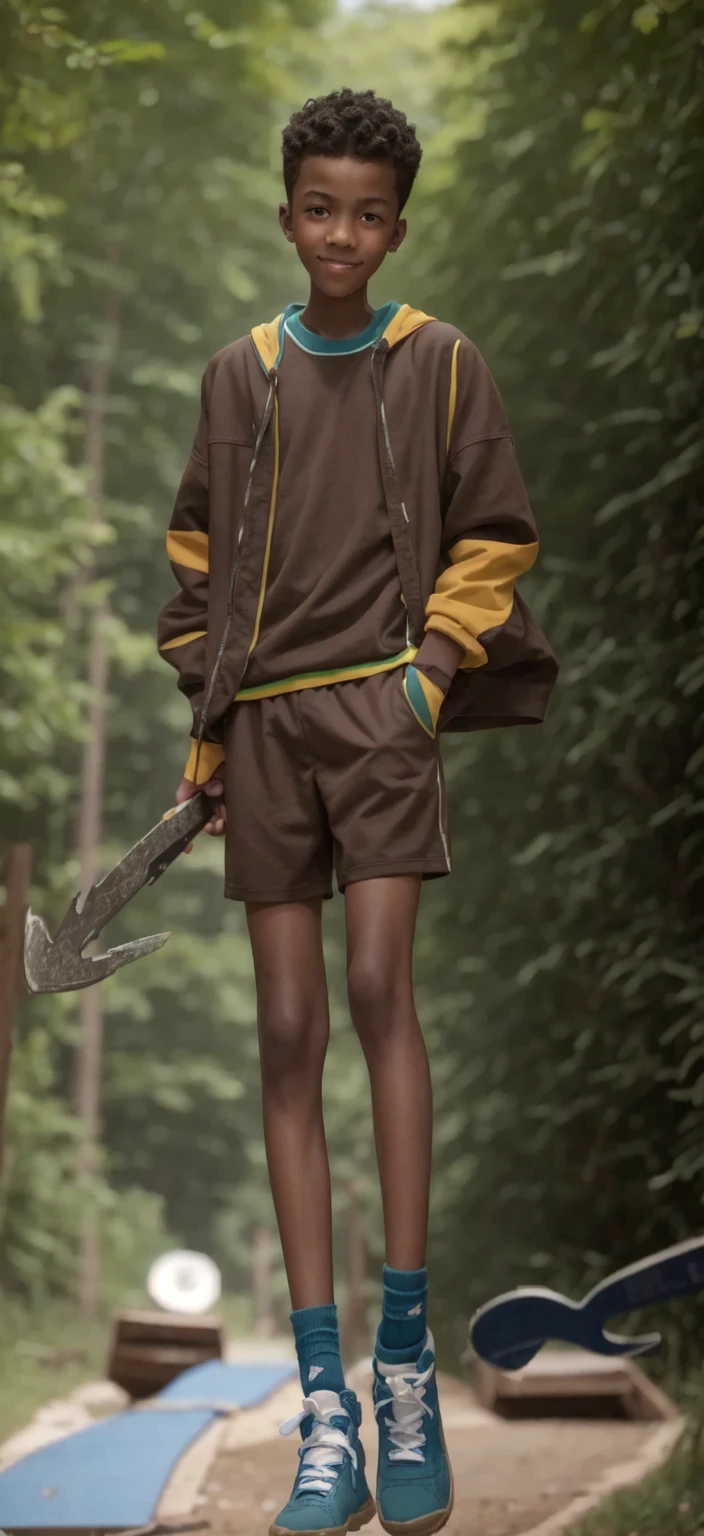 14 year old boy，Light brown skin，Blue sports shorts，Bright green top，High-top board shoes，Big round eyes，Very short hair，Tall and skinny，full-body shot，A junior high school student holding an axe，Smile，Bloodthirsty murder，{best quality}, {{masterpiece}}, {high resolution}