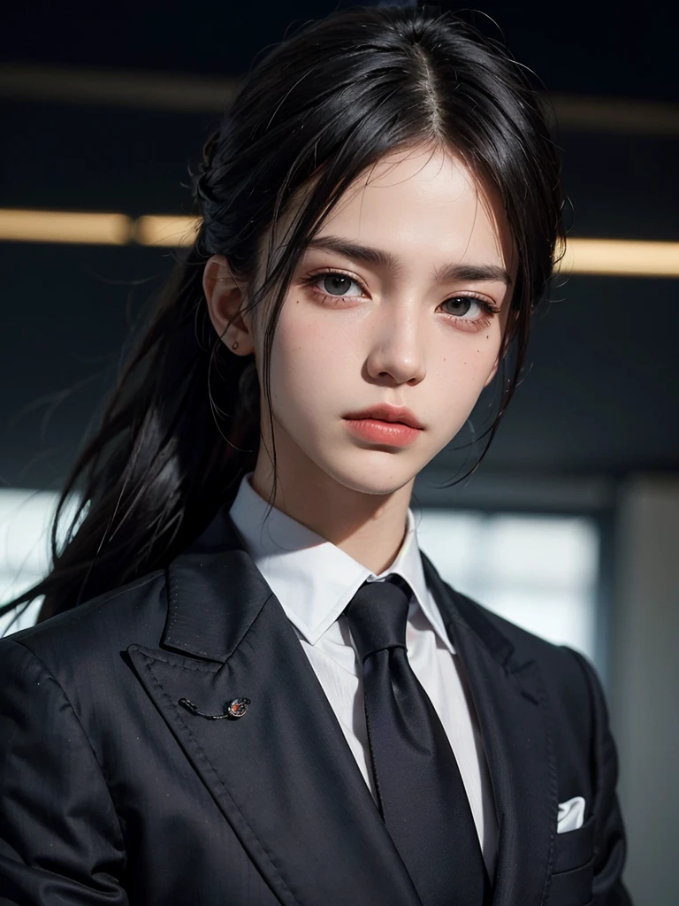 portrait of european boy,solo,20yo,handsome face, mullet hair, blavk hair, sharp focus,black business suit,red eye