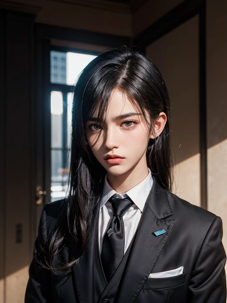 portrait of european boy,solo,20yo,handsome face, mullet hair, blavk hair, sharp focus,black business suit,red eye