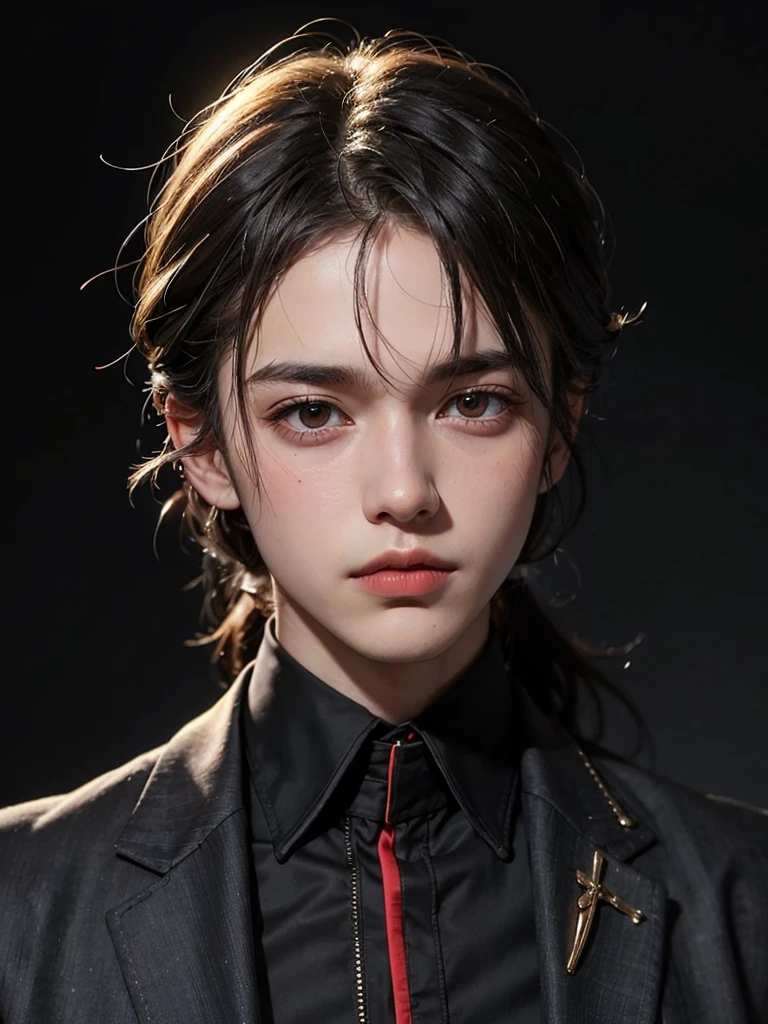 portrait of european boy,solo,20yo,handsome face, mullet hair, blavk hair, sharp focus,black business suit,red eye