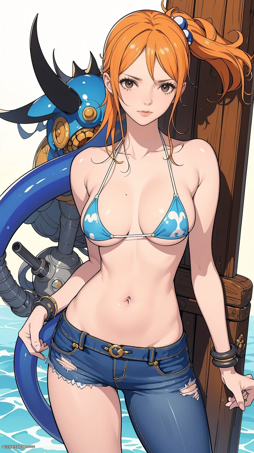 (masterpiece, Highest quality),Browsing Caution,Cartoon photo of a woman in a bikini top and jeans, Anime drawings inspired by Masamune Shirow, Pixiv, Self-sastructing art, Enchanting anime girl, Nami One Piece, Biomechanical , Nami from One Piece, Pixiv 3dcg, , I also make fan art, top rated on Pixiv,High leg ultra-small micro bikini:1.9,whole body:1.8,Puffy nipples:1.6,No stockings,squatting, spread legs