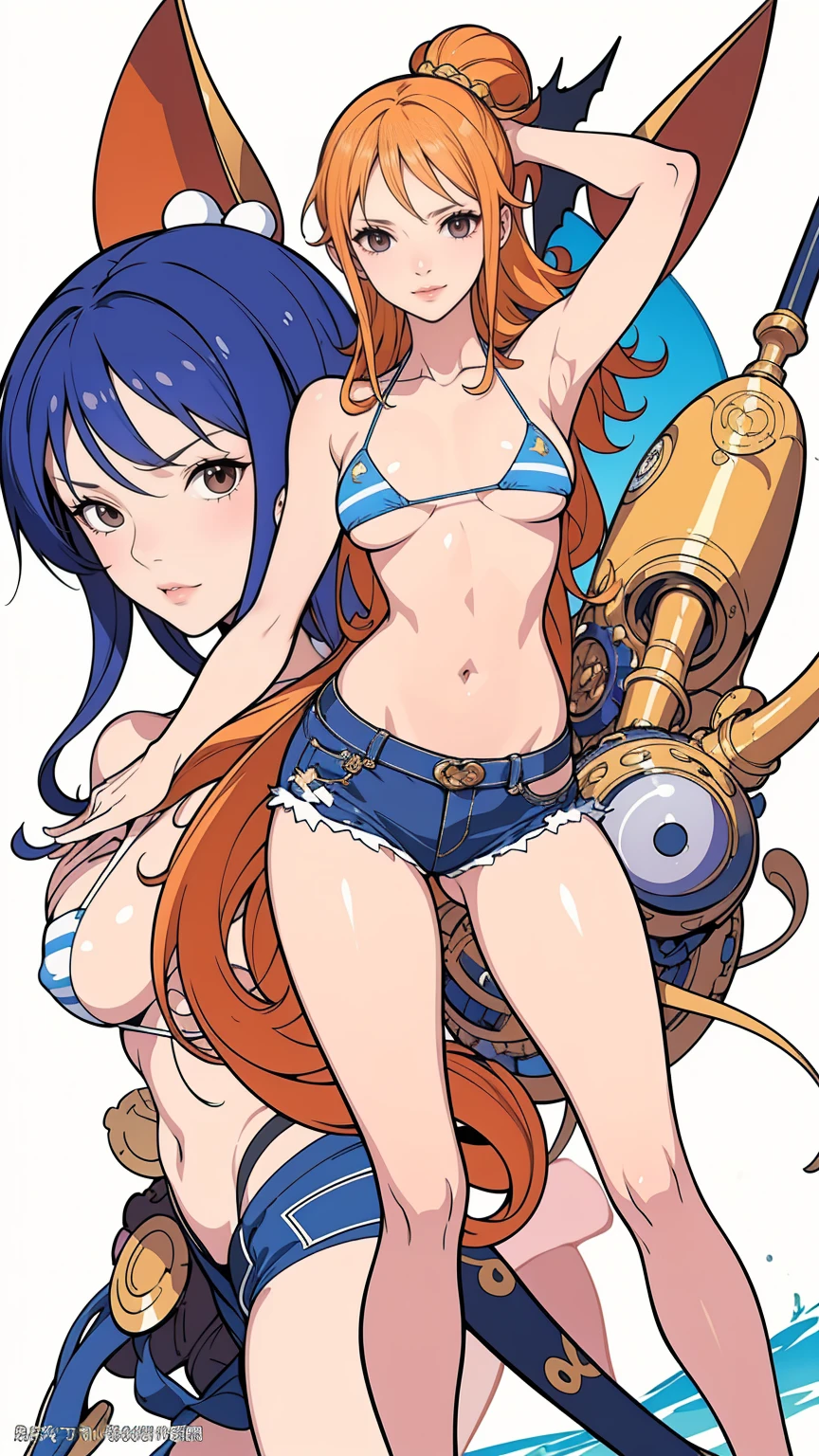 (masterpiece, Highest quality),Browsing Caution,Cartoon photo of a woman in a bikini top and jeans, Anime drawings inspired by Masamune Shirow, Pixiv, Self-sastructing art, Enchanting anime girl, Nami One Piece, Biomechanical , Nami from One Piece, Pixiv 3dcg, , I also make fan art, top rated on Pixiv,erotic ultra small micro bikini:1.9,puffy nipple:1.9,