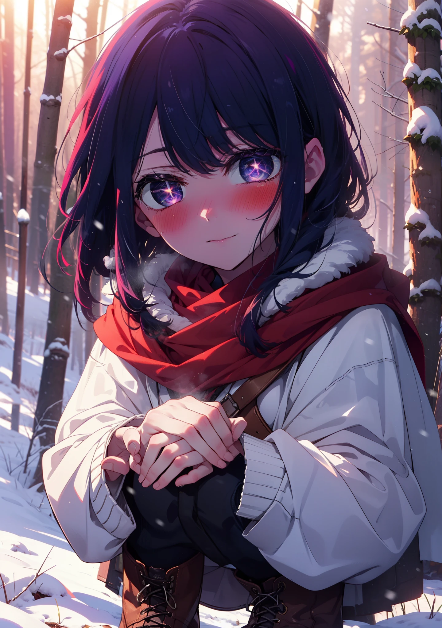 aihoshino, Ai Hoshino, Long Hair, bangs, (Purple eyes:1.1), Purple Hair, (Symbol-shaped pupil:1.5), smile,,smile,blush,white breath,
Open your mouth,snow,Ground bonfire, Outdoor, boots, snowing, From the side, wood, suitcase, Cape, Blurred, , forest, White handbag, nature, Squat, Mouth closed, Cape, winter, Written boundary depth, Black shoes, red Cape break looking at viewer, Upper Body, whole body, break Outdoor, forest, nature, break (masterpiece:1.2), Highest quality, High resolution, unity 8k wallpaper, (shape:0.8), (Beautiful and beautiful eyes:1.6), Highly detailed face, Perfect lighting, Highly detailed CG, (Perfect hands, Perfect Anatomy),