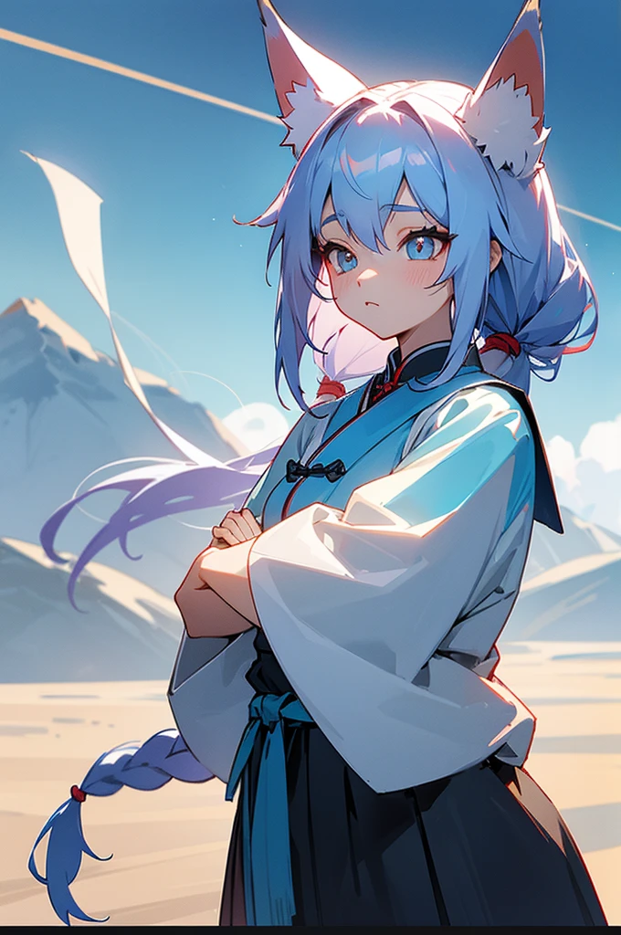 A fox girl image:Work clothes,new Chinese style;Everyday wear,Try various modern styles。Hair color: granny gray,Pick a touch of blue;Fox image,White Fox Pick Blue。Big fox ears in front of the morning(Refer to the current Daling avatar),Human ears covered by hair and red braided rope,Appears as a hair tie、Work performance is post-production、Daily performance is side braid、Fox image表现为项圈