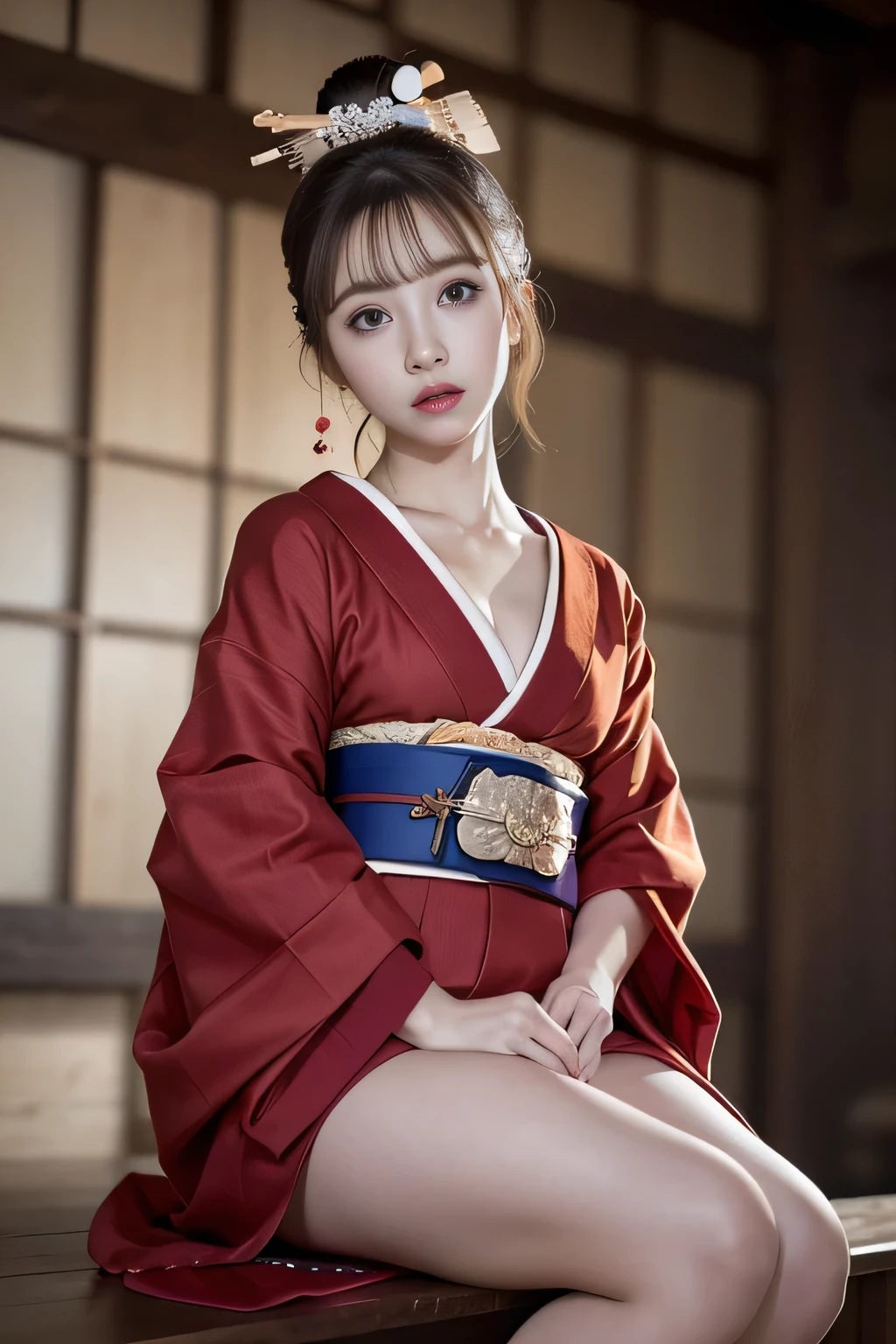 ((8K)), (RAW photo), (Real), (Photorealistic), Ultra high resolution, Masterpiece, Top quality, Perfect lighting, Professional lighting, Detailed lighting, Dramatic shadows, Ray tracing, (Photorealistic: 1.2), (Sharp focus), One beautiful Japanese woman, Cowboy shot, 20 years old, (Sexy, Sexy, Erotic,), Beautiful face, Detailed and perfect face, Large and even eyes, Small head, Six-headed well-proportioned body, Slender figure, Beautiful and detailed brown eyes, Small , Large thighs, Brown hair in a tall ponytail, Medium messy hair, Half-open mouth, Sitting pose, Looking into the viewer, (Intense  expression: 1.5), Kimono, Red loincloth, Exposing shoulders, ((Oiran, Maiko,)), ((Old Japanese house)), (Dark room), ((Blur)),