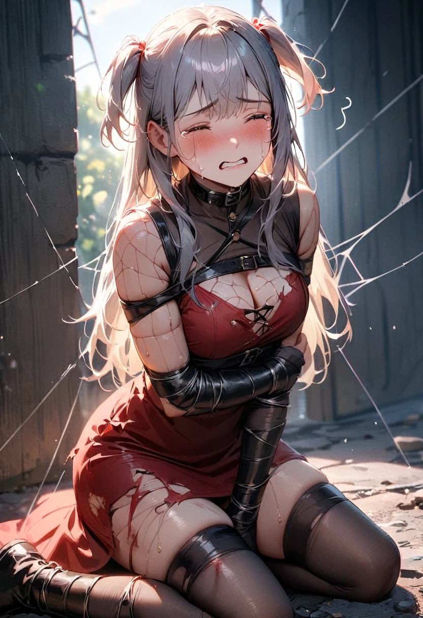 (best quality), (masterpiece), very aesthetic, absurdres, high res, all detailed, realistic, 1girl, (two side up), long hair, silver hair, (red pencil Dress, one side shoulders armor with Cape, red pencil miniskirt), medium cleavage, Gauntlet, boots, [black thigh-highs], [white panties], (injury skin, scar skin, bleeding skin, torn clothes:1.1), Broken Armor, BREAK zettai ryouiki, kneeling, (spiderweb, cobweb restrained, spiderweb bound limbs), (closed eyes), cry, tears, sigh, blush, sweat, (outdoors, prison), cinematic lighting, diffraction spikes, 