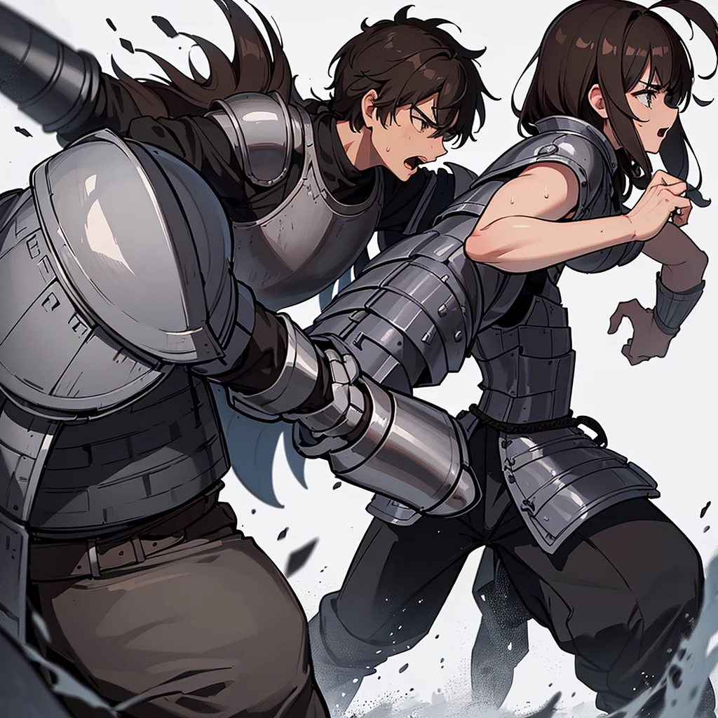 Best illustrations、Best Quality、(((Simple grey armor、Black trousers、Black gloveedium Hair、Brown Hair、Plate Armor、20 year old man)))、(((Fighting Pose)))、(Old ruins、desert。Grass)、Fall to the floor、(Black, muddy swamp)、(中世の騎士が10 people)、(Close your eyes、get annoyed、Open your mouth、Get angry、Sweat)、(lots of medieval knights、10 people)、battlefield、(From the side、profile)、(White background)