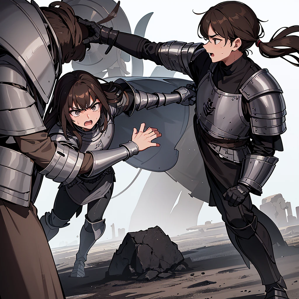 Best illustrations、Best Quality、(((Simple grey armor、Black trousers、Black gloveedium Hair、Brown Hair、Plate Armor、20 year old man)))、(((Fighting Pose)))、(Old ruins、desert。Grass)、Fall to the floor、(Black, muddy swamp)、(中世の騎士が10 people)、(Close your eyes、get annoyed、Open your mouth、Get angry、Sweat)、(lots of medieval knights、10 people)、battlefield、(From the side、profile)、(White background)