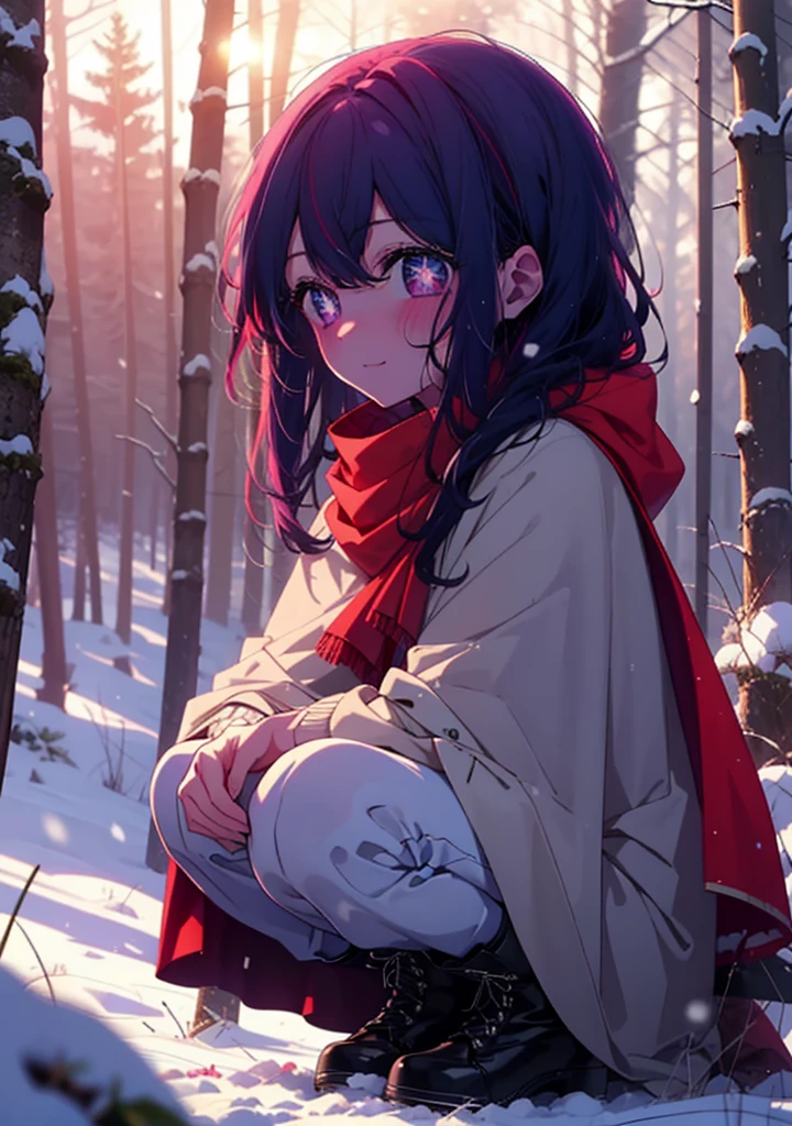 aihoshino, Ai Hoshino, Long Hair, bangs, (Purple eyes:1.1), Purple Hair, (Symbol-shaped pupil:1.5), smile,,smile,blush,white breath,
Open your mouth,snow,Ground bonfire, Outdoor, boots, snowing, From the side, wood, suitcase, Cape, Blurred, , forest, White handbag, nature, Squat, Mouth closed, Cape, winter, Written boundary depth, Black shoes, red Cape break looking at viewer, Upper Body, whole body, break Outdoor, forest, nature, break (masterpiece:1.2), Highest quality, High resolution, unity 8k wallpaper, (shape:0.8), (Beautiful and beautiful eyes:1.6), Highly detailed face, Perfect lighting, Highly detailed CG, (Perfect hands, Perfect Anatomy),