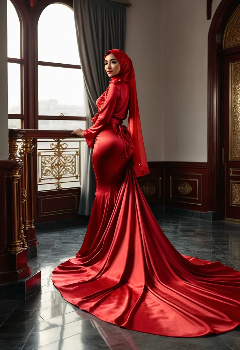 a woman in the translucent red silk gown, full body,wear hijab, brest expose, half neked, tiead in satin rope, tied tight,mermaid tight long gown, flowy dramatic long gown, double long satin train ( 4 meter long ),red satin sheet, wear high heels, masterpice, 4k resolution, ultra-realistic, highly detail.
